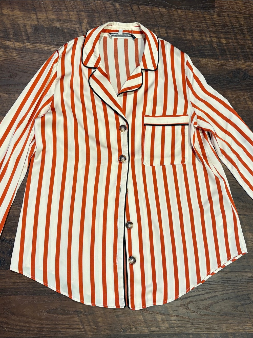Striped Long Sleeve Button-Up Shirt in Orange and Cream